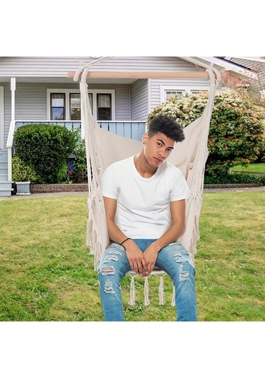 Bej Püsküllü Halat Hamak Sandalye