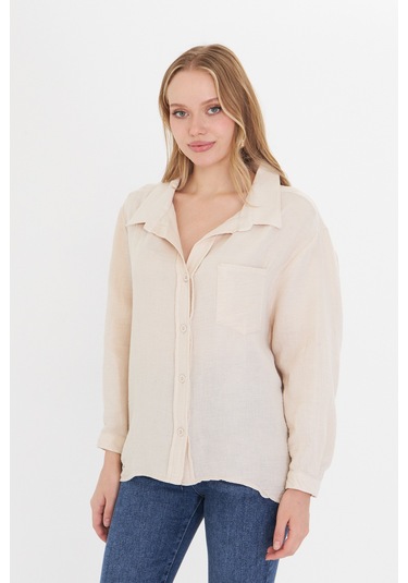 Kadın Oversize Basic Cepli Müslin Gömlek Bej