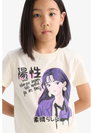 DeFacto Kız Çocuk Bisiklet Yaka Baskılı Kısa Kollu Tişört E0350A825SMER42 Ekru DeFacto Kız Çocuk Bisiklet Yaka Baskılı Kısa Kollu Tişört E0350A825SMER42 Ekru