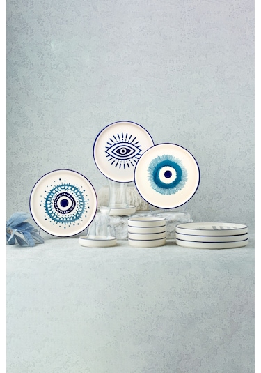 Kevin Seramik Hand Made Nazar Boncuklu Kahvaltı Takımı - Çay Seti 18 Parça 6 Kişilik Mavi