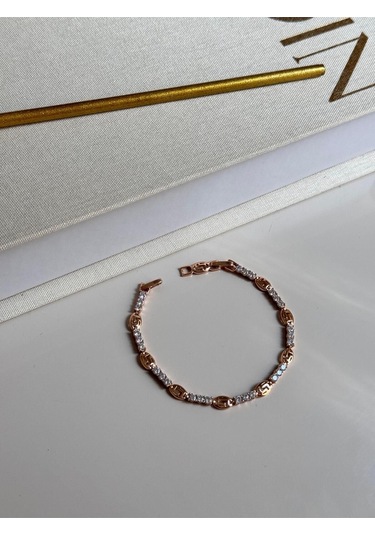 Zincir Motifli Zirkon Taşlı Altın Renk Çelik Bileklik Şık Kadın Takı Gümüş