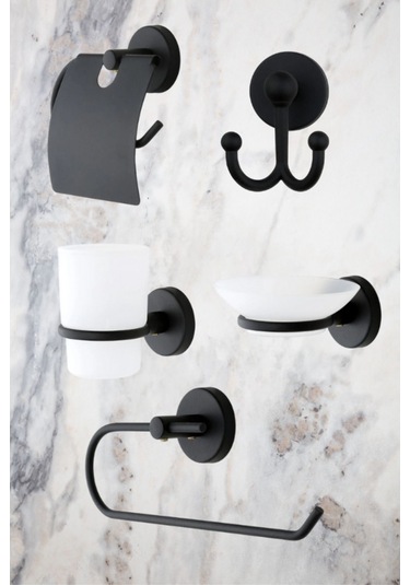 Erfahome Siyah Açık Tuvalet Kağıtlığı / Halka Havluluk / Çatal Bornozluk 3lü Set Siyah