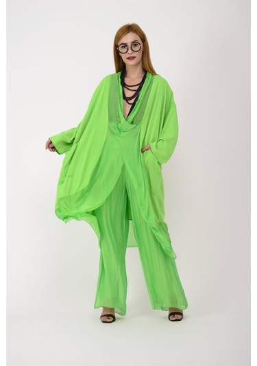 Italyan Ipek Detaylı Oversize Kaftan & Bluz-8711 Koyu Mor