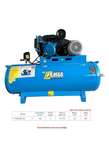 Puma PT40/300-5.5 300 L 5.5 HP 12 Bar 2 Piston 380 V Döküm Kafa Kompresör