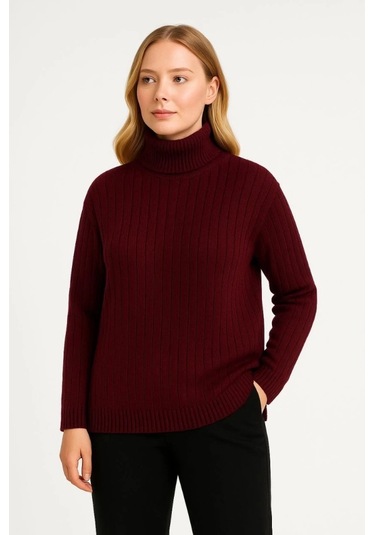 Balıkcı Yaka Bağazlı Triko Kazak Pamuklu Kalın Fitilli Dokuma - Bordo Bordo