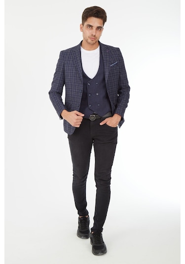 Sposo 5140 Yelekli Dar Kalıp Lacivert Ekose Erkek Blazer Ceket Lacivert