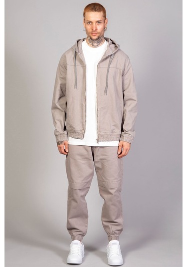 Erkek Kapüşonlu Oversize Marsıan Füme Kot Ceket Füme