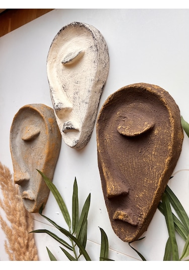 Özel Tasarım El Yapımı Heykel Soyut Yarım Yüz Maske 3'lü Set, Duvar Dekor, Modern Ev Ve Ofis Dekoru