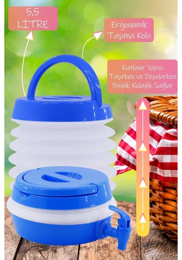Katlanabilir Su Sebili Çeşmeli Körüklü Su Bidonu Çeşme Piknik Kamp Damacana Içecek Şişesi Mavi