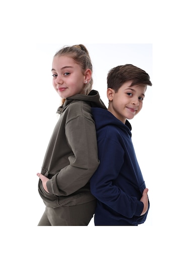 Basic Kapüşonlu Şardonlu Kanguru Cep Detaylı Çocuk Sweatshirt 3-10 Yaş Ekru Haki