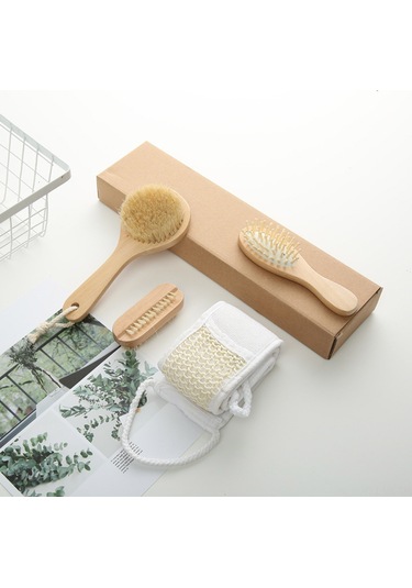 Vkemall Banyo Fırçalama Seti 4 Parça - Saksafras Göğüs Fırçası + Tarak + 2 Adet Temizleme Fırçası