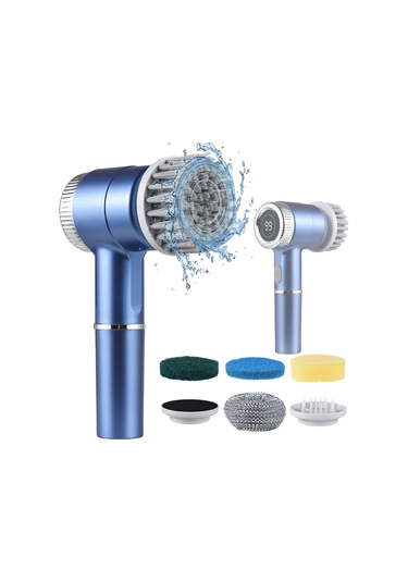 Qingmipy "5 Başlıklı Şarjlı Elektrikli Temizleme Fırçası - Su Geçirmez, 3 Hız Ayarlı, Dijital Ekranlı" Mavi