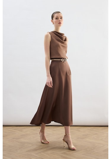 Sateen Yüksek Bel Saten Etek - Kahve-136782 Kahve
