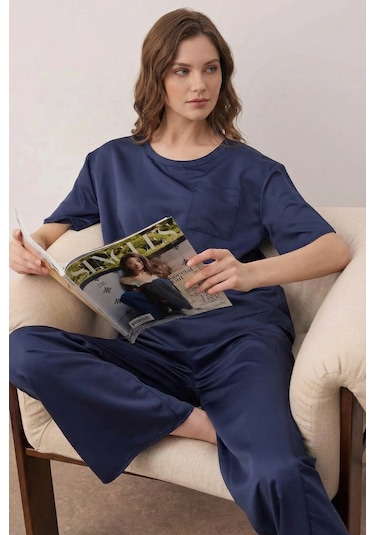 Lacivert Mat Saten Konfor Serisi Pijama Takımı
