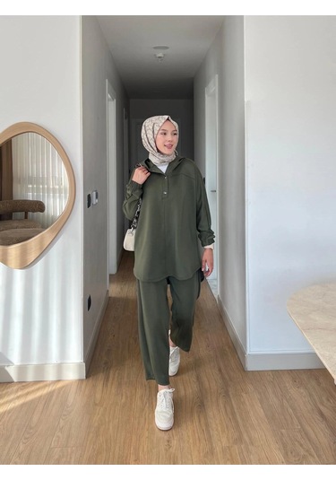 Lena Modal Kumaş Çıt Çıt Detaylı Kadın Tesettür İkili Takım Haki