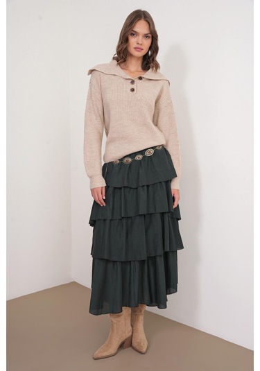 6900 Kadın Düğmeli Devrik Yaka Triko Kazak Bej Bej