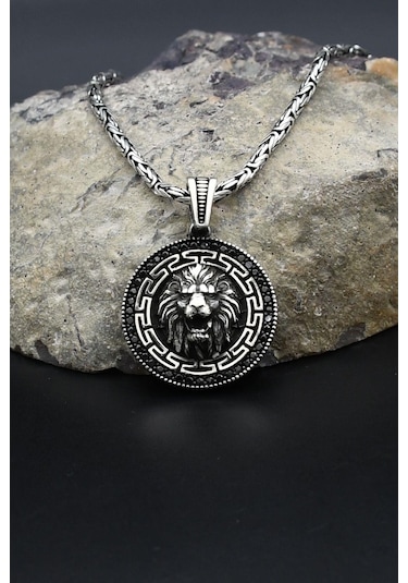 Grek Desenli Aslan Figürlü 925 Ayar Gümüş Kolye Kral Zincir 2mm 902422 Gümüş