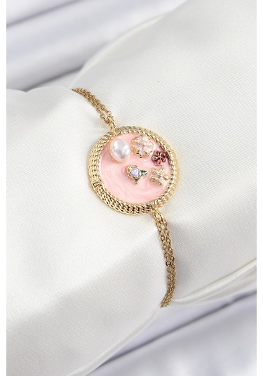 316l Çelik Zincir Pembe Mineli Sanatsal Portre İnci Detaylı Çiçek Model Gold Renk Kadın Bileklik Çok Renkli