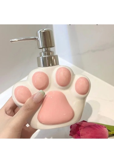 Banyo Sabunluk Seramik Kedi Paw Losyon Dispenseri Basın Tipi El Bej - Sarı
