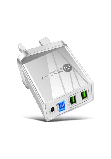 Xiyyadms Beyaz Mini 36w Seyahat Şarj Cihazı, 3 Usb Qc3.0 + Pd Hızlı Şarj, İngiliz Standardı, Taşınabilir Telefon Şarj Aleti