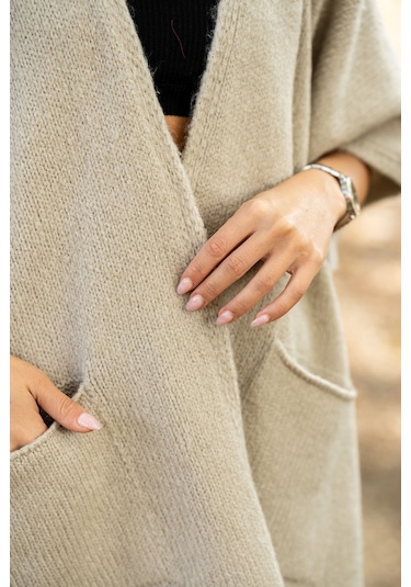 Verdeblanco Kapüşonlu Cep Detaylı Panço Krem Krem