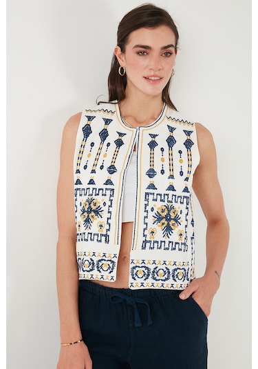 Lela Pamuklu Regular Fit Çiçekli Nakış Işlemeli Bayan Yelek 676293 Ekru