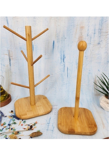 Ahşap Bambu Bardak Kupa Fincan Askılığı Kağıt Havluluk 2li Set