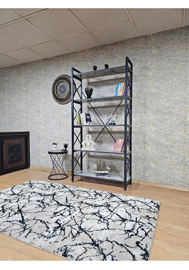 Siyah Boyalı Kitaplık - 5 Raflı Suntalem Lüks Kitaplık Marmol Çok Renkli