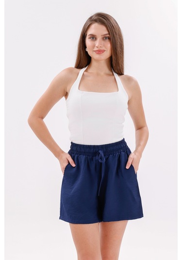 Genius Store Genıus Store Kadın Şort Aerobin Pamuklu Cepli Çekmez Kumaş Beli Lastikli Şort Lacivert