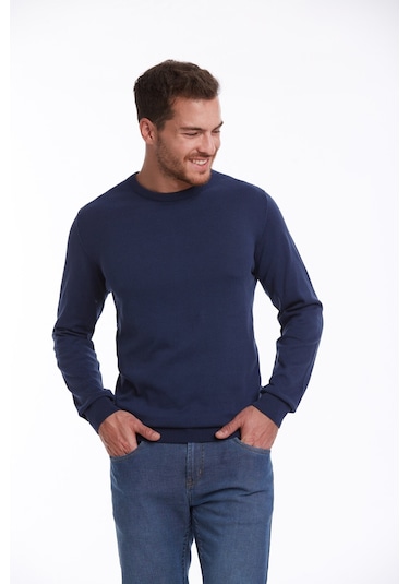 Hatemoğlu Erkek Regular Fit Pamuk Bisiklet Yaka Triko Kazak İndigo