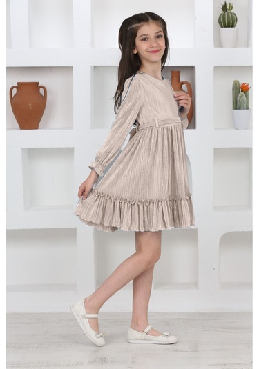 Kız Çocuk Örme Saten Çanta Detaylı Pliseli Astarlı Elbise Bej