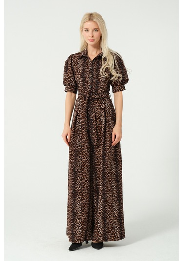 Balon Kol Bağcık Detaylı Tulum Leopar Desen Leopar