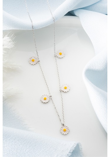 Çekirdekjewelry 925 Ayar Gümüş Çoklu Papatya Kolye Gri