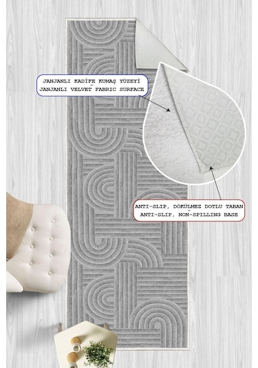Geometrik Desenli Dekoratif Kaymaz Taban Yıkanabilir Yolluk Antre Hol Halısı Gri