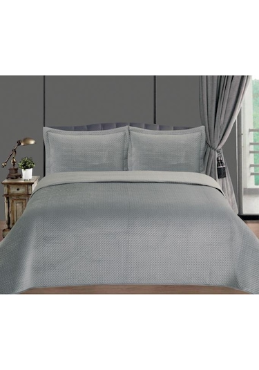 Toskana Çift Kişilik Lüks Kadife Yatak Örtüsü Gri Gri