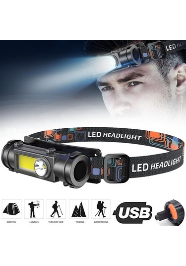 Usb Şarj Edilebilir Xpe + Cob Led Far Su Geçirmez El Feneri Acil Durum Işığı Açık Kamp Yürüyüş Balıkçılık İçin Araba Tamir Işığı Pil İle Siyah