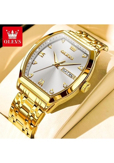 Olevs Top Marka Erkek Kuvars Saat Lüks Elmas Şık Paslanmaz Çelik Tonneau Kadran Su Geçirmez Işıldayan Erkek Kol Saati Altın - Beyaz