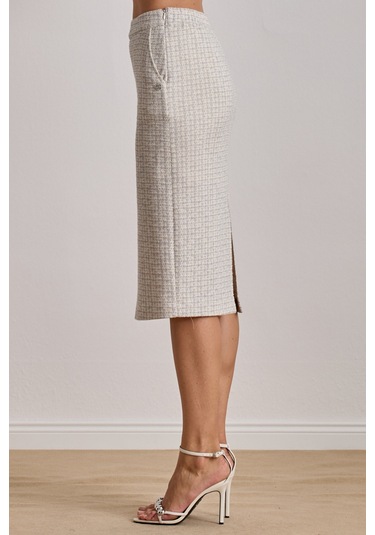 Yandan Cepli Ekru Örme Etek Ekru