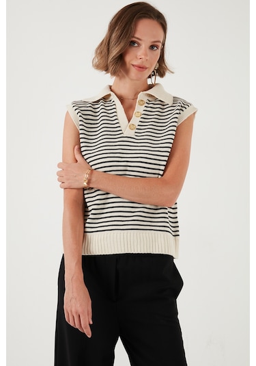 Lela Çizgili V Yaka Triko Bayan Süveter 4616171 Krem-Siyah