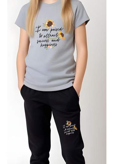 I Am Poised Baskılı Kız Çocuk Tişört Ve Eşofman Alt-üst Takım Gri