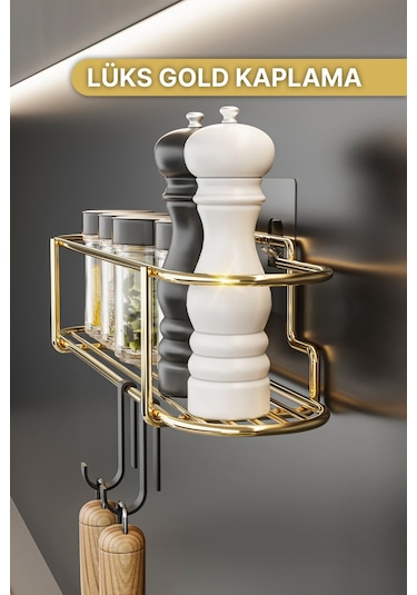 Bino Baharatlık Lüks Metal Gold Mutfak Rafı Banyo Rafı Yapışkanlı Kancalı Şık Tasarım Tuzluk Askılık Çok Renkli