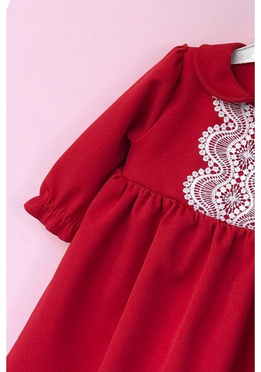Dantel Detaylı Kırmızı Krep Kız Çocuk Bebek Elbise 001
