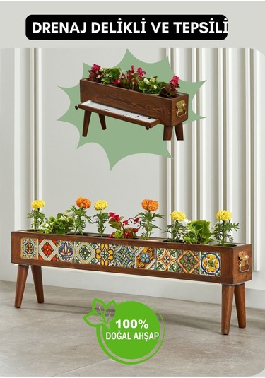 Halohope El Yapımı Ayaklı 10 Çinili Dekoratif Modern Ahşap Dikdörtgen Bahçe Balkon Saksı Saksılık Çiçeklik