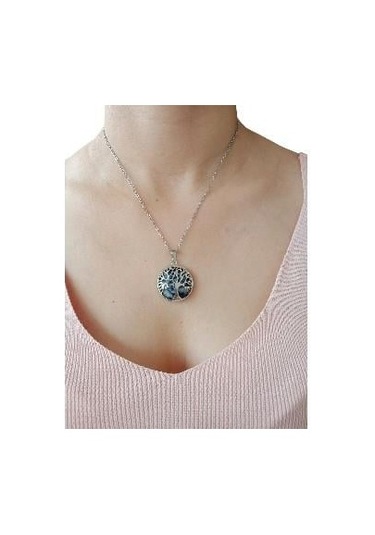 Sodalit Doğal Taşlı Hayat Ağacı Çelik Kolye - Kadın