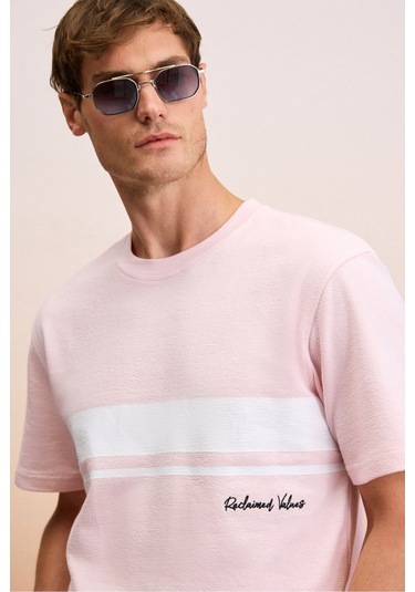 LAMINE Erkek Baskı Ve Nakış Detaylı %100 Organik Pamuk Bisiklet Yaka Kısa Kollu Regular Fit Pembe T-