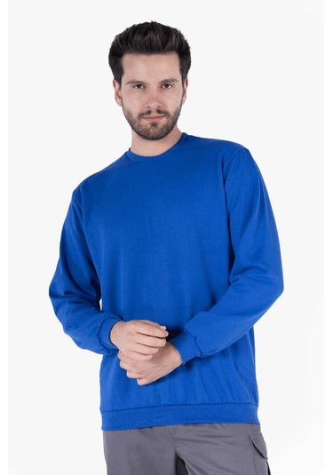 2 İplik Bisiklet Yaka Sweatshirt Saks Mavi