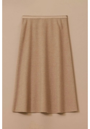 Kadın Suni Deri Biyeli Midi Etek - Bej Vizon