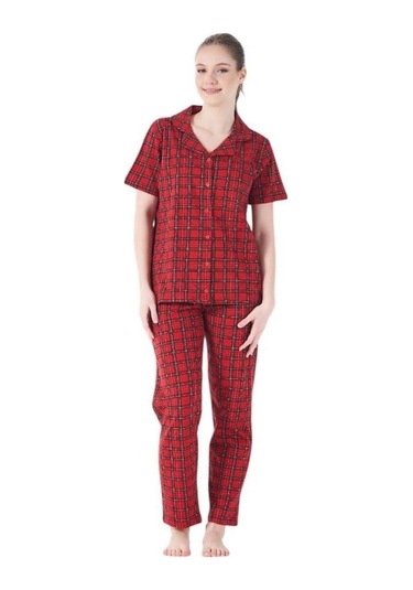 Estiva Kareli Desen Önden Düğmeli Bayan Pijama Takım Kırmızı