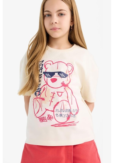 DeFacto Kız Çocuk Relax Fit Baskılı Bisiklet Yaka Kısa Kollu Tişört E0389A825SMER134 Ekru