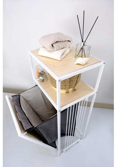 Digithome Metal Kirli Sepetli 2 Raflı Çok Amaçlı Banyo Düzenleyici Raf Organizer Akçaağaç Mrs-006 C1-1-369 Kahverengi